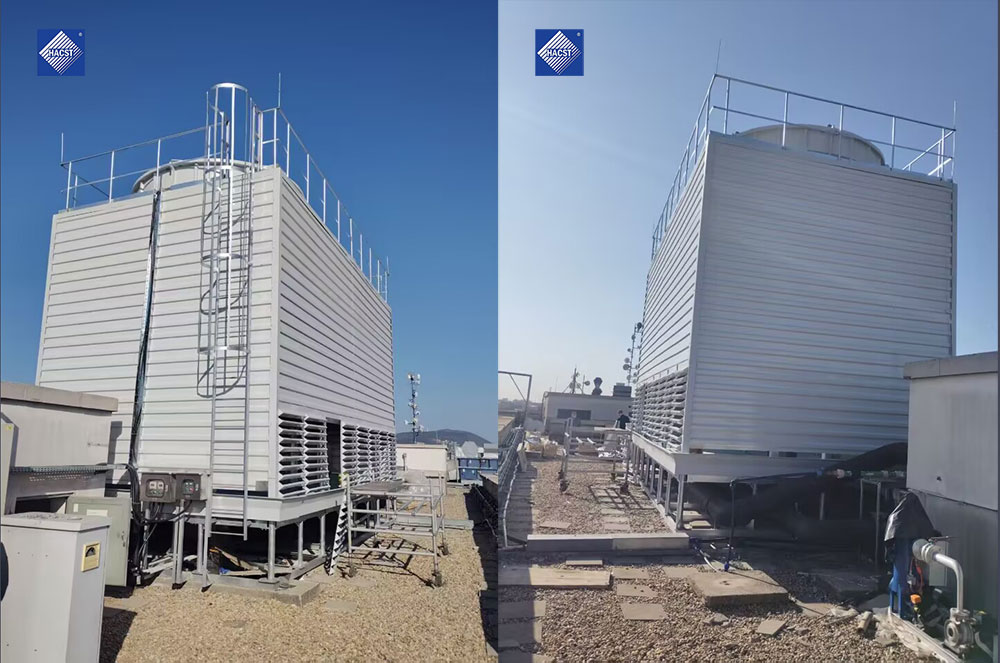 Open Cooling Tower Installed on Rooftop of Modern Hotel to Upgrade Central Cooling System